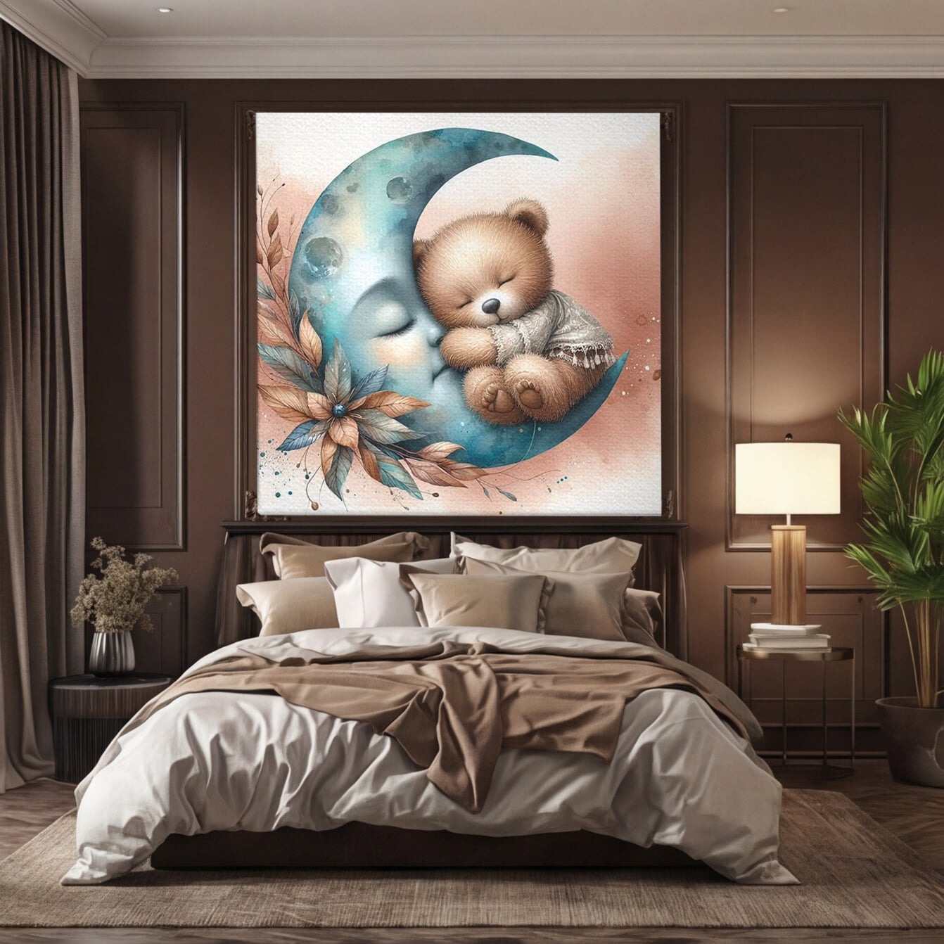 Tablou canvas cu tablou canvas cu ursulet adormit pe luna, fara rama, pe sasiu de lemn, pe perete intr-un dormitor